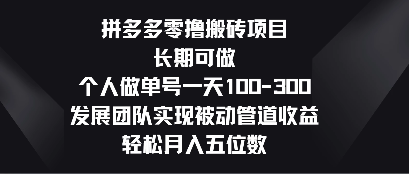 拼多多零撸搬砖项目，长期可做，个人做单号一天100-300，发展团队实现被动管道收益，轻松月入五位数-品小先项目发源地-品小先-项目发源地