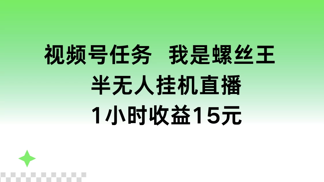 视频号任务，我是螺丝王， 半无人挂机1小时收益15元-品小先项目发源地-品小先-项目发源地